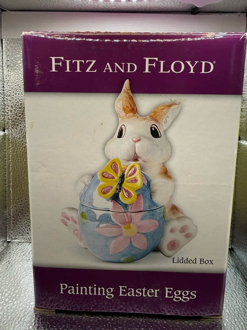 Fitz and Floyd White Bunny Lidded Box with Blue Egg and Yellow Butterfly